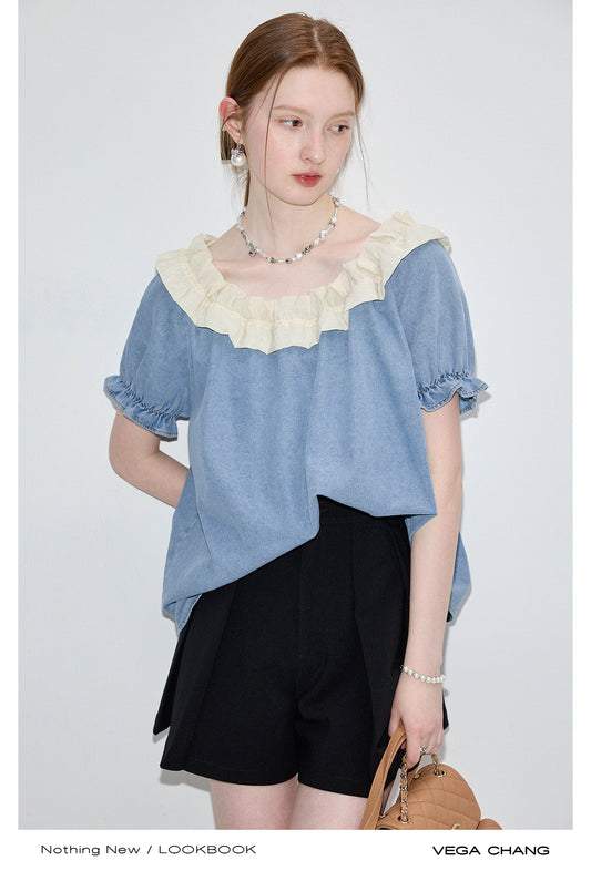 Washed Denim Two-Way Shoulder Top With Ruffled Neck