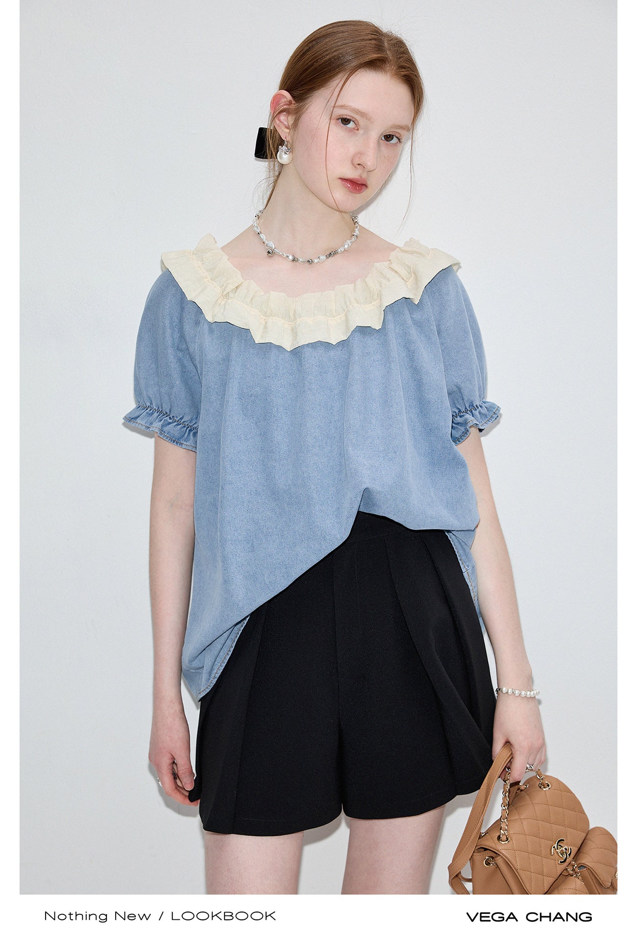 Washed Denim Two-Way Shoulder Top With Ruffled Neck
