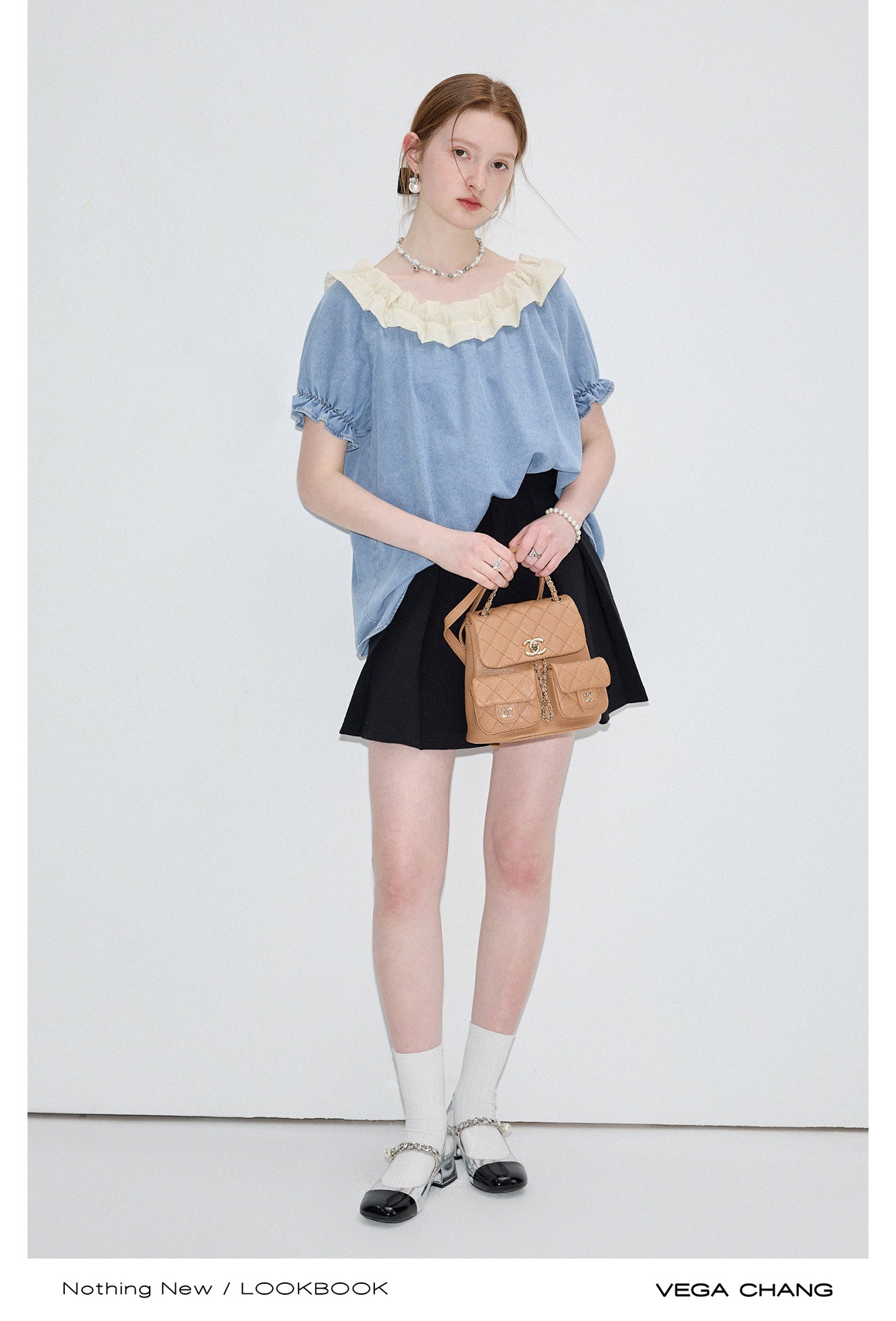 Washed Denim Two-Way Shoulder Top With Ruffled Neck