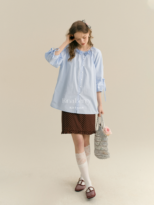 Flower-Adorned Blouse With 3/4 Sleeves