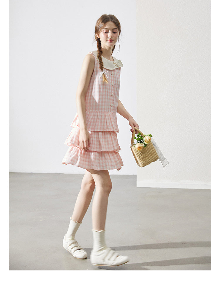 Bow Collar Sleeveless Gingham Tiered Dress