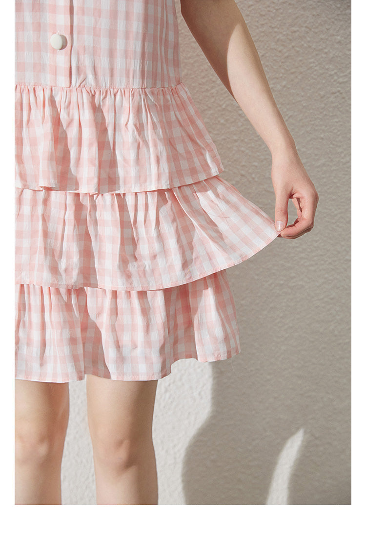 Bow Collar Sleeveless Gingham Tiered Dress