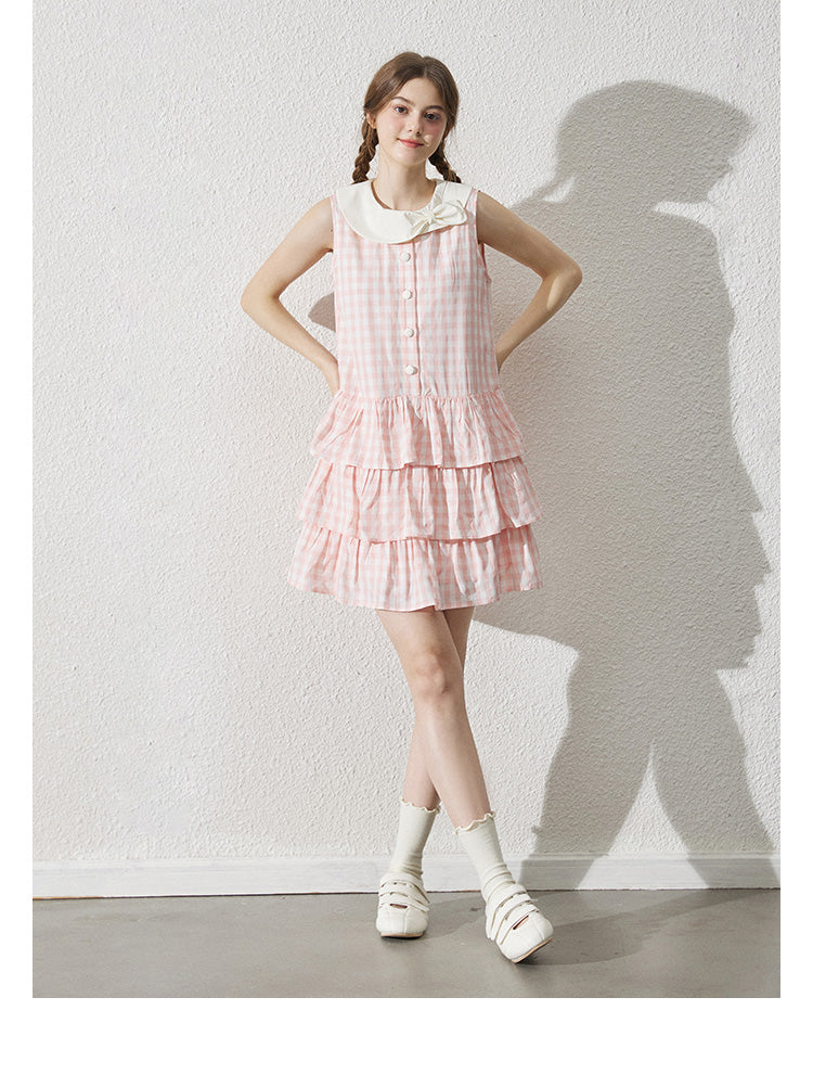 Bow Collar Sleeveless Gingham Tiered Dress