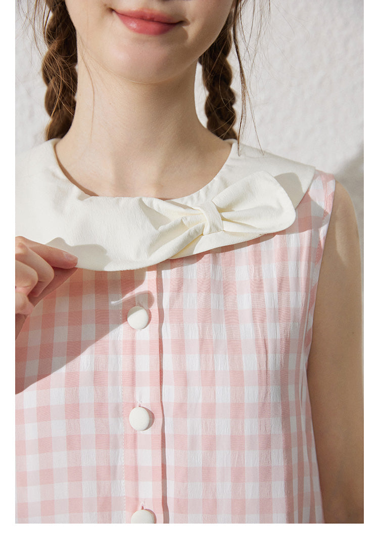 Bow Collar Sleeveless Gingham Tiered Dress