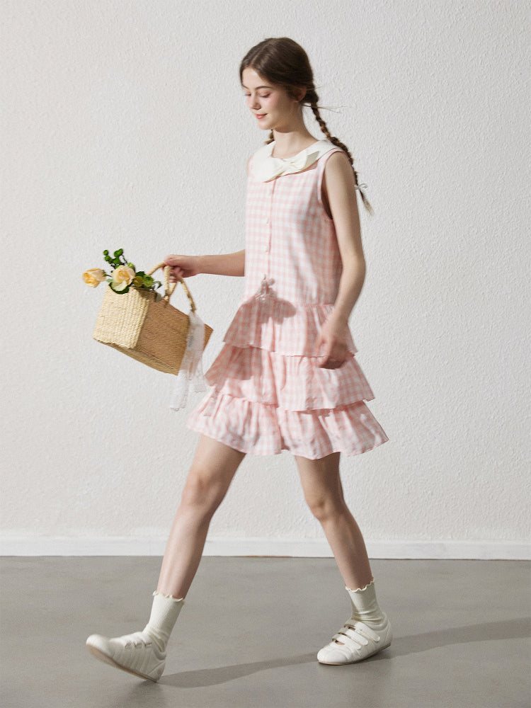 Bow Collar Sleeveless Gingham Tiered Dress