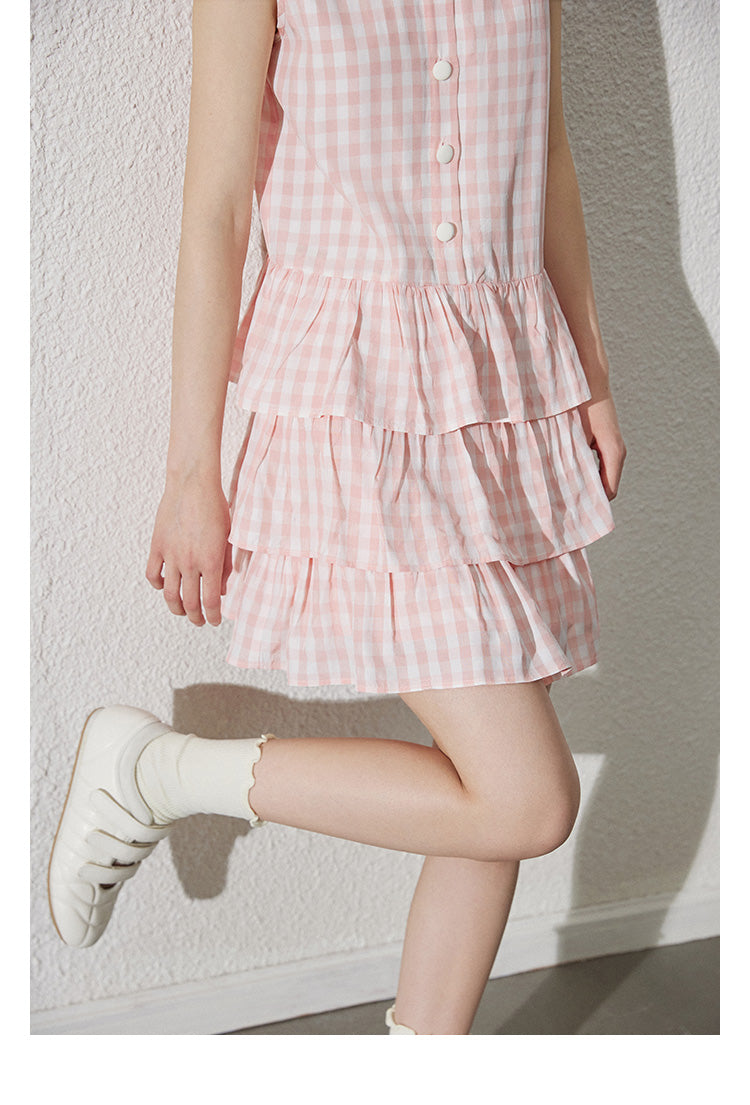 Bow Collar Sleeveless Gingham Tiered Dress
