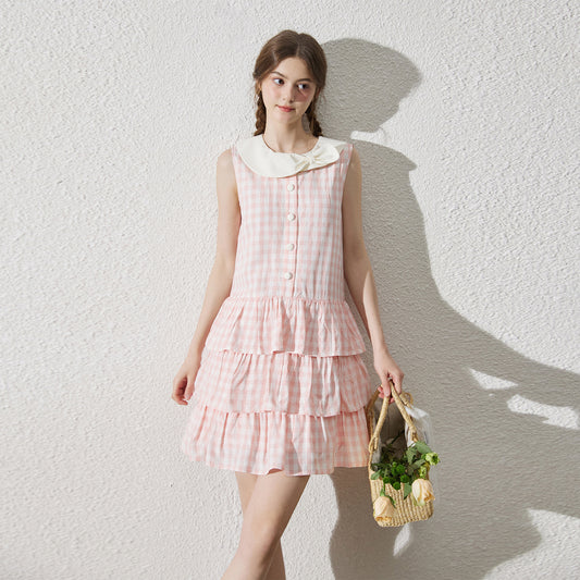 Bow Collar Sleeveless Gingham Tiered Dress