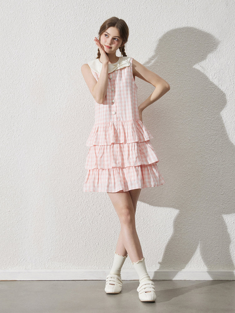 Bow Collar Sleeveless Gingham Tiered Dress