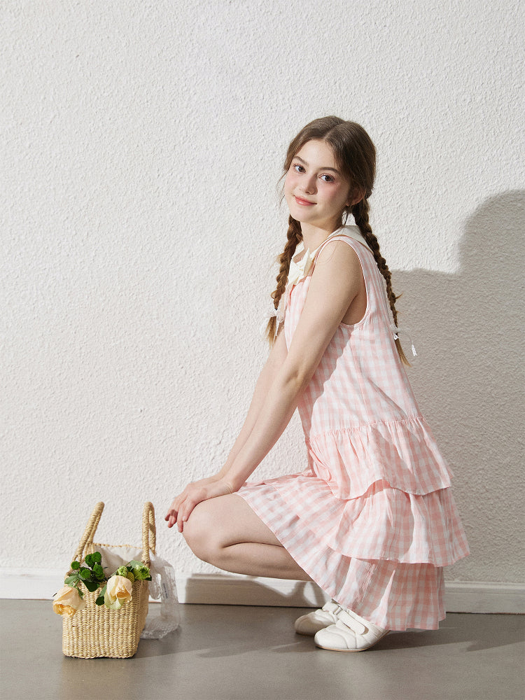 Bow Collar Sleeveless Gingham Tiered Dress