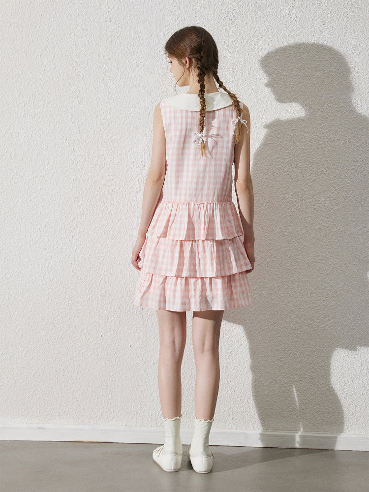 Bow Collar Sleeveless Gingham Tiered Dress