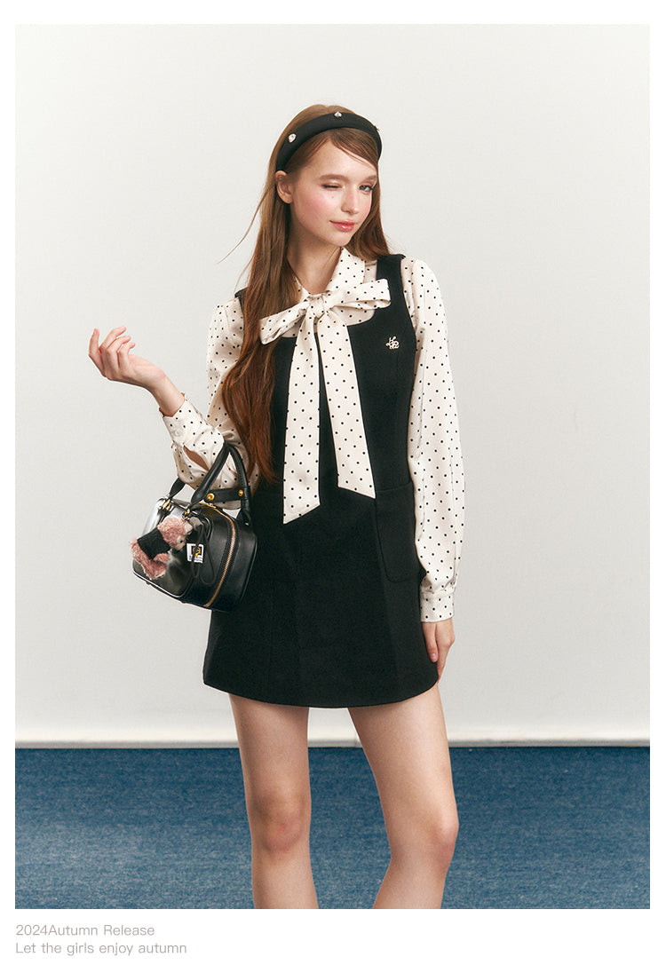 Dotted Tie-Neck Blouse & Sleeveless A-Line Dress