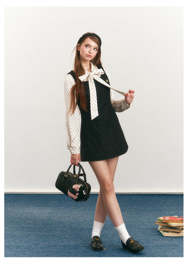 Dotted Tie-Neck Blouse & Sleeveless A-Line Dress