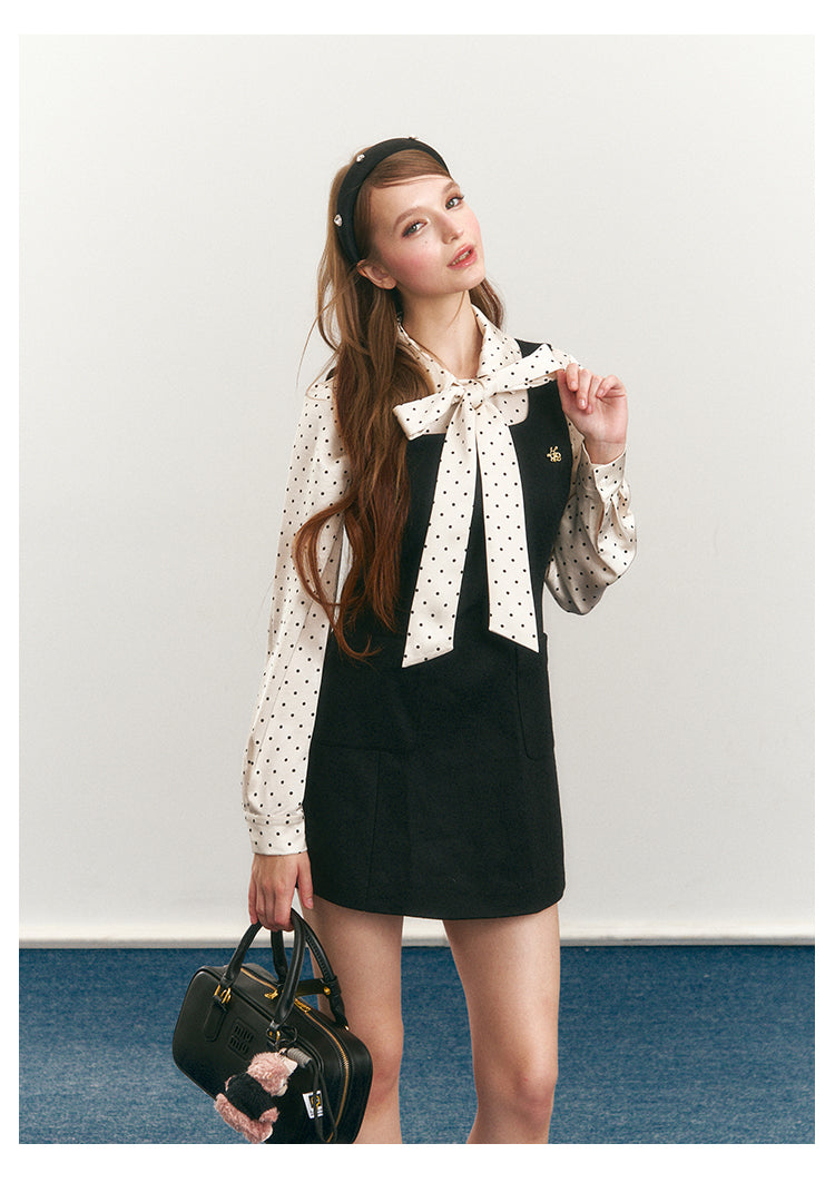 Dotted Tie-Neck Blouse & Sleeveless A-Line Dress