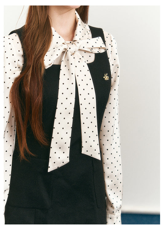 Dotted Tie-Neck Blouse & Sleeveless A-Line Dress