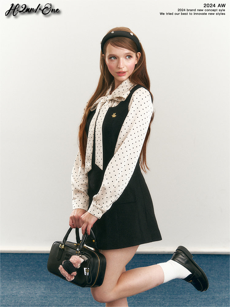 Dotted Tie-Neck Blouse & Sleeveless A-Line Dress