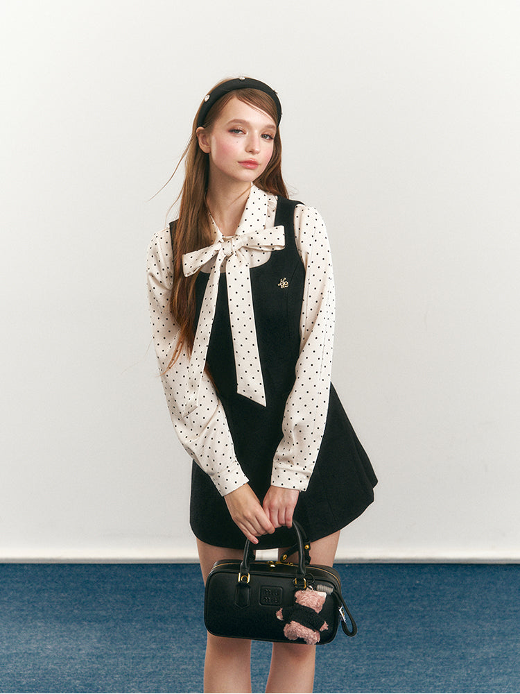 Dotted Tie-Neck Blouse & Sleeveless A-Line Dress