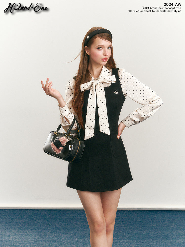 Dotted Tie-Neck Blouse & Sleeveless A-Line Dress