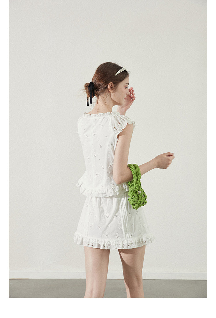 Cotton Lace Square Neck Blouse & Ruffled Mini Skirt