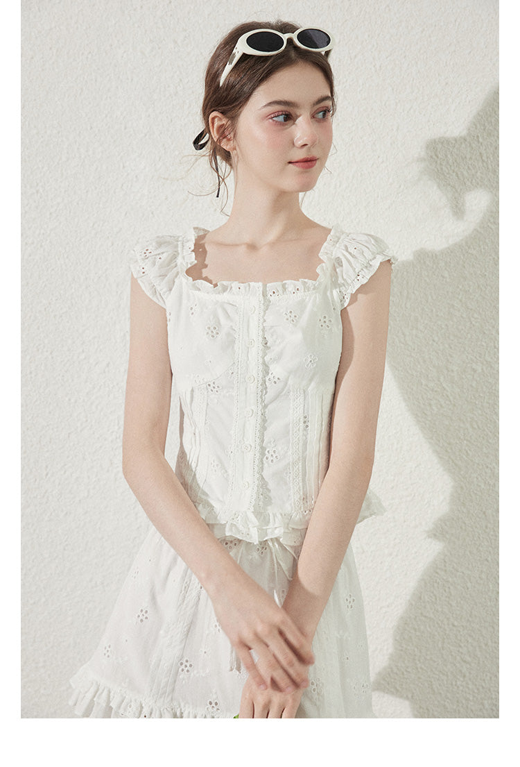 Cotton Lace Square Neck Blouse & Ruffled Mini Skirt