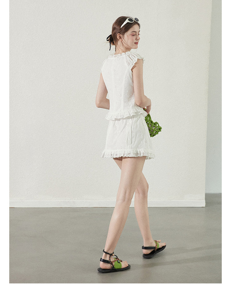 Cotton Lace Square Neck Blouse & Ruffled Mini Skirt