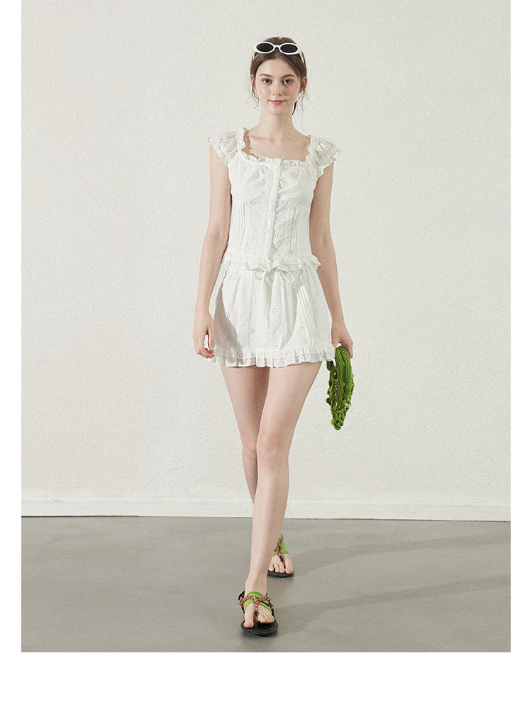 Cotton Lace Square Neck Blouse & Ruffled Mini Skirt