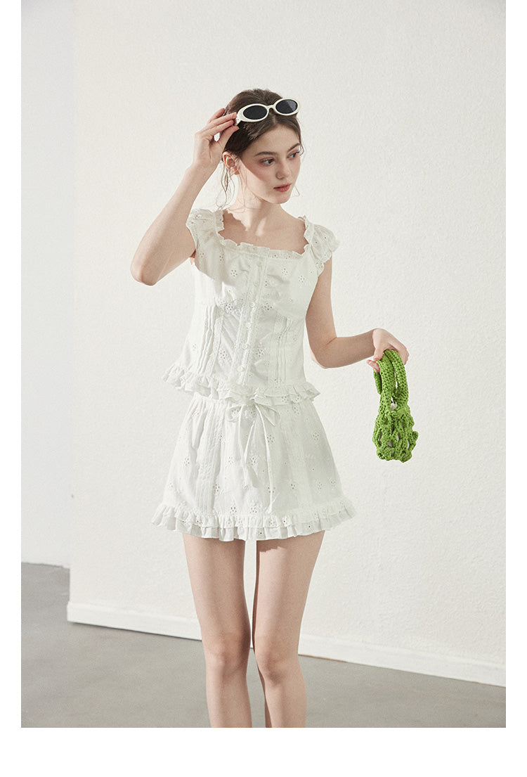 Cotton Lace Square Neck Blouse & Ruffled Mini Skirt