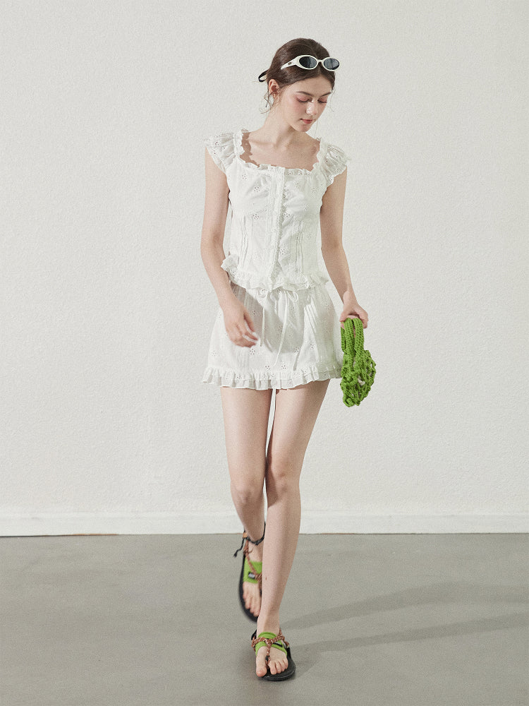 Cotton Lace Square Neck Blouse & Ruffled Mini Skirt
