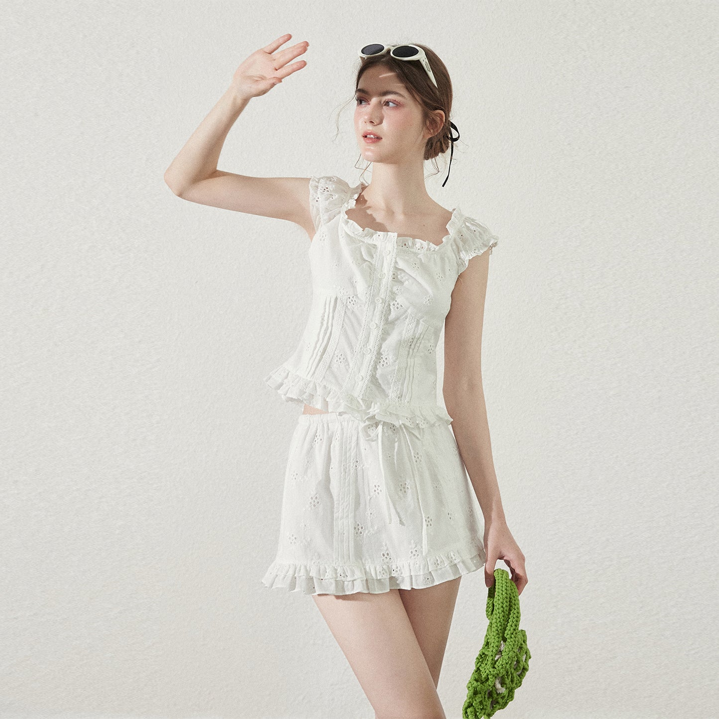 Cotton Lace Square Neck Blouse & Ruffled Mini Skirt