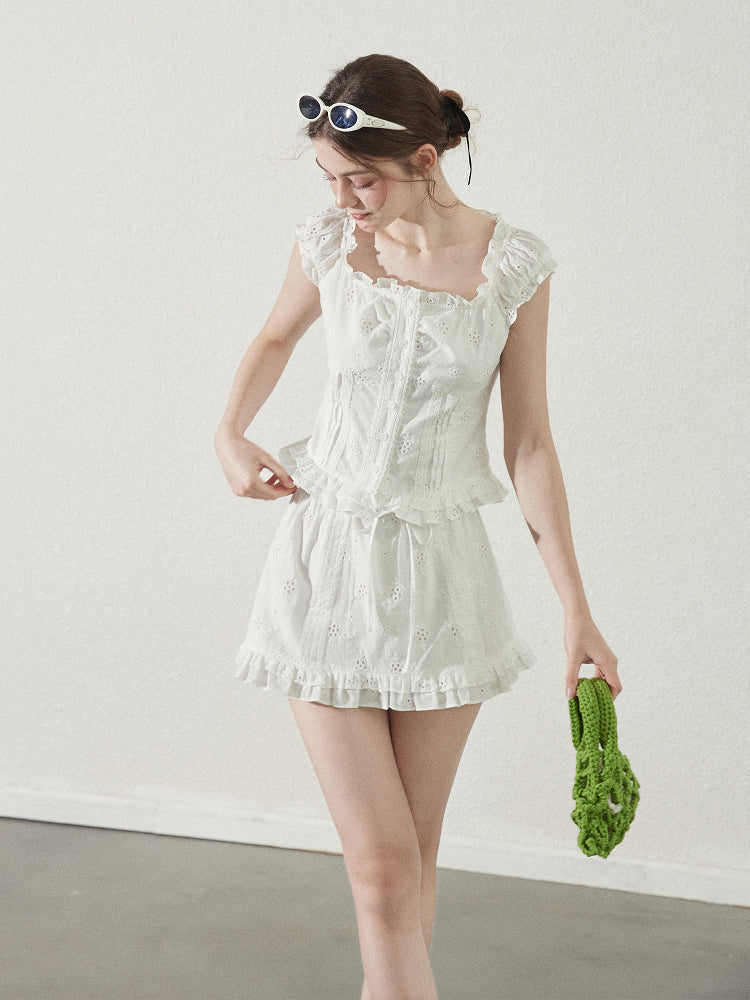 Cotton Lace Square Neck Blouse & Ruffled Mini Skirt
