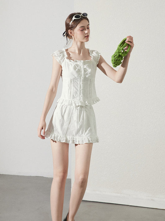 Cotton Lace Square Neck Blouse & Ruffled Mini Skirt