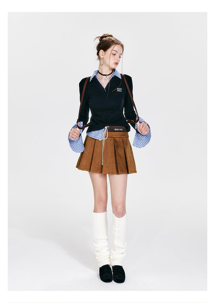 Faux Layered Collared V-Neck Top With Flare Cuffs