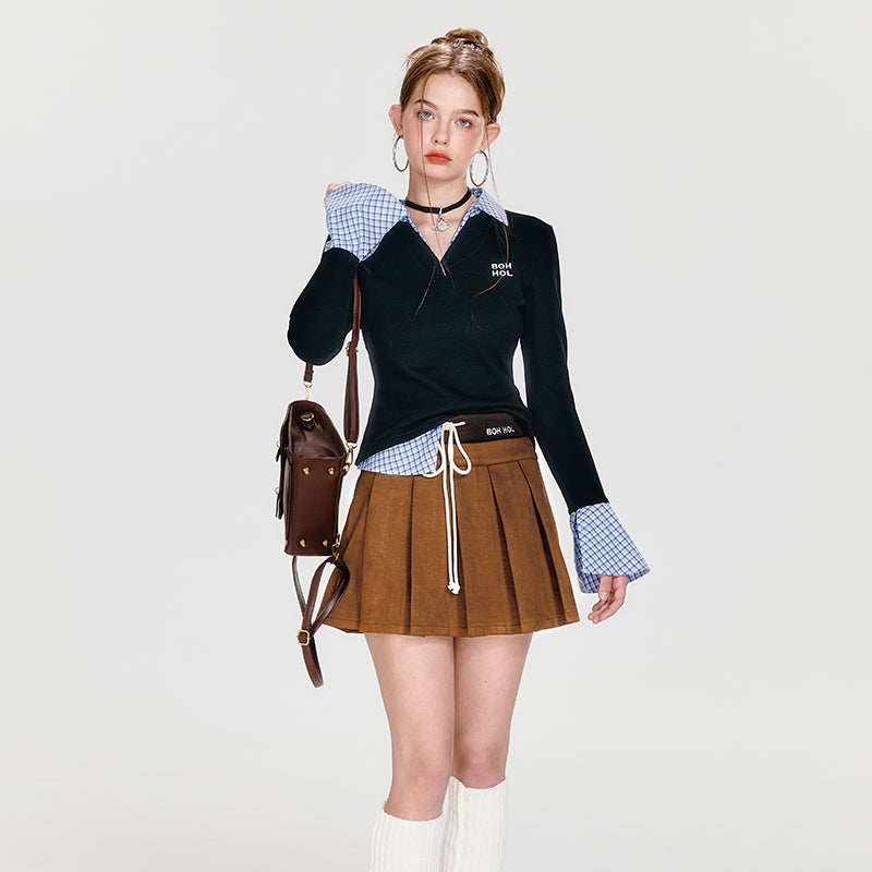 Faux Layered Collared V-Neck Top With Flare Cuffs
