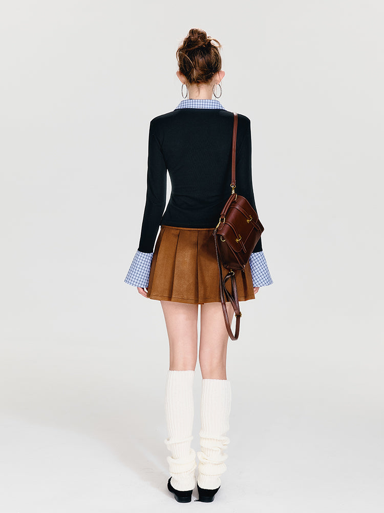 Faux Layered Collared V-Neck Top With Flare Cuffs