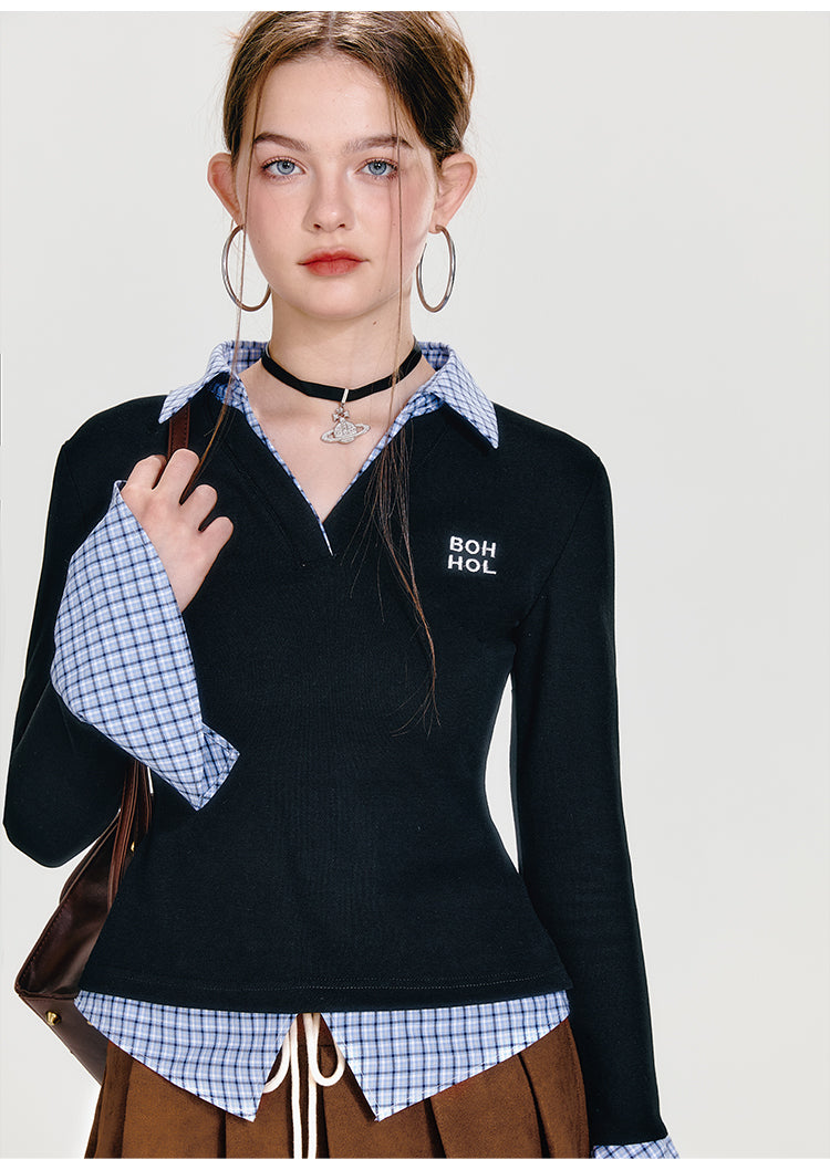Faux Layered Collared V-Neck Top With Flare Cuffs