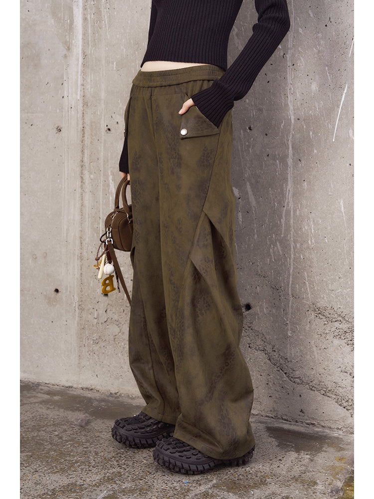 Leopard Print Pleated Pants With Elastic Waist