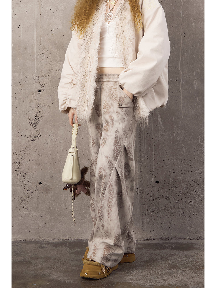 Leopard Print Pleated Pants With Elastic Waist