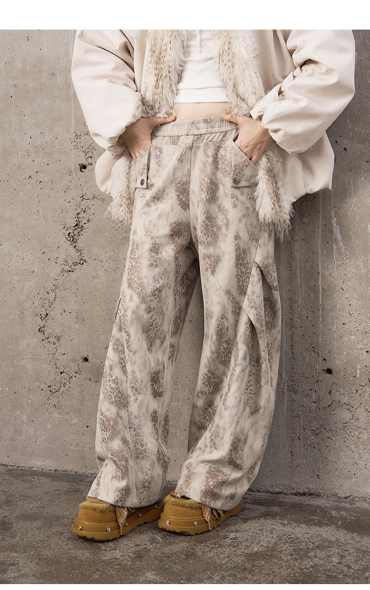 Leopard Print Pleated Pants With Elastic Waist