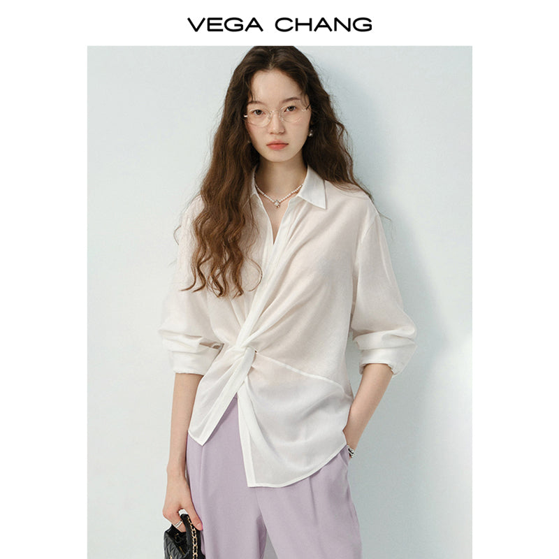 Twisted Sheer Asymmetric Shirt & Straight-Leg Pants