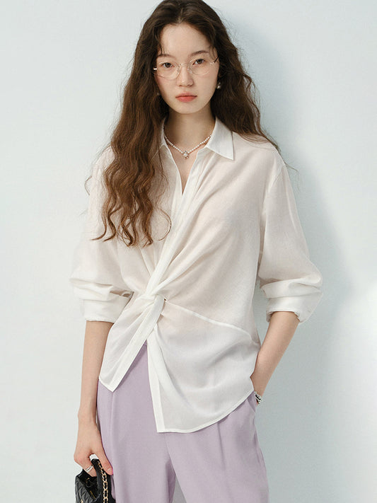 Twisted Sheer Asymmetric Shirt & Straight-Leg Pants