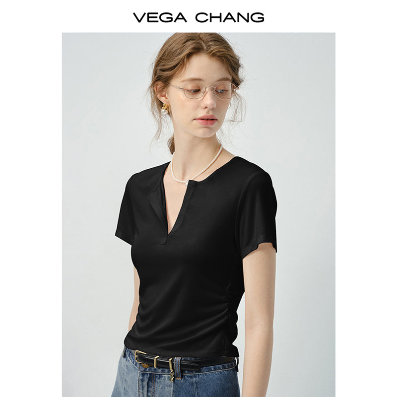 Basic Ribbed V-Neck T-Shirt With Side Gathers