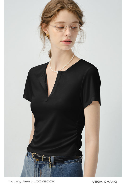 Basic Ribbed V-Neck T-Shirt With Side Gathers
