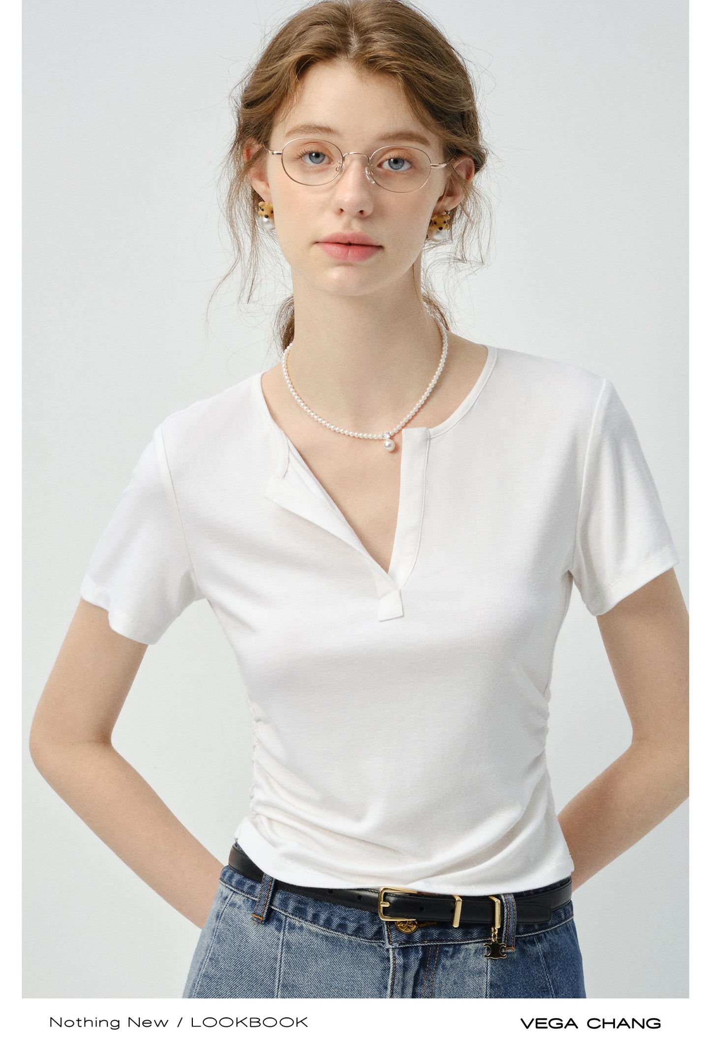 Basic Ribbed V-Neck T-Shirt With Side Gathers