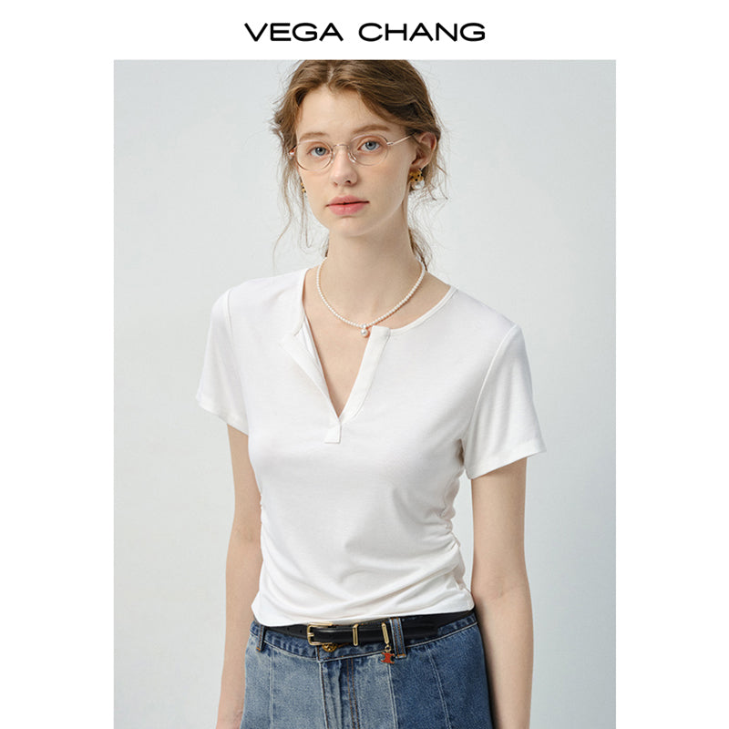 Basic Ribbed V-Neck T-Shirt With Side Gathers