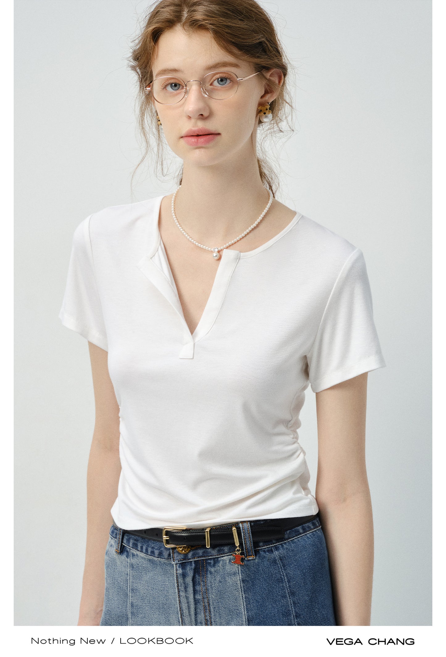 Basic Ribbed V-Neck T-Shirt With Side Gathers