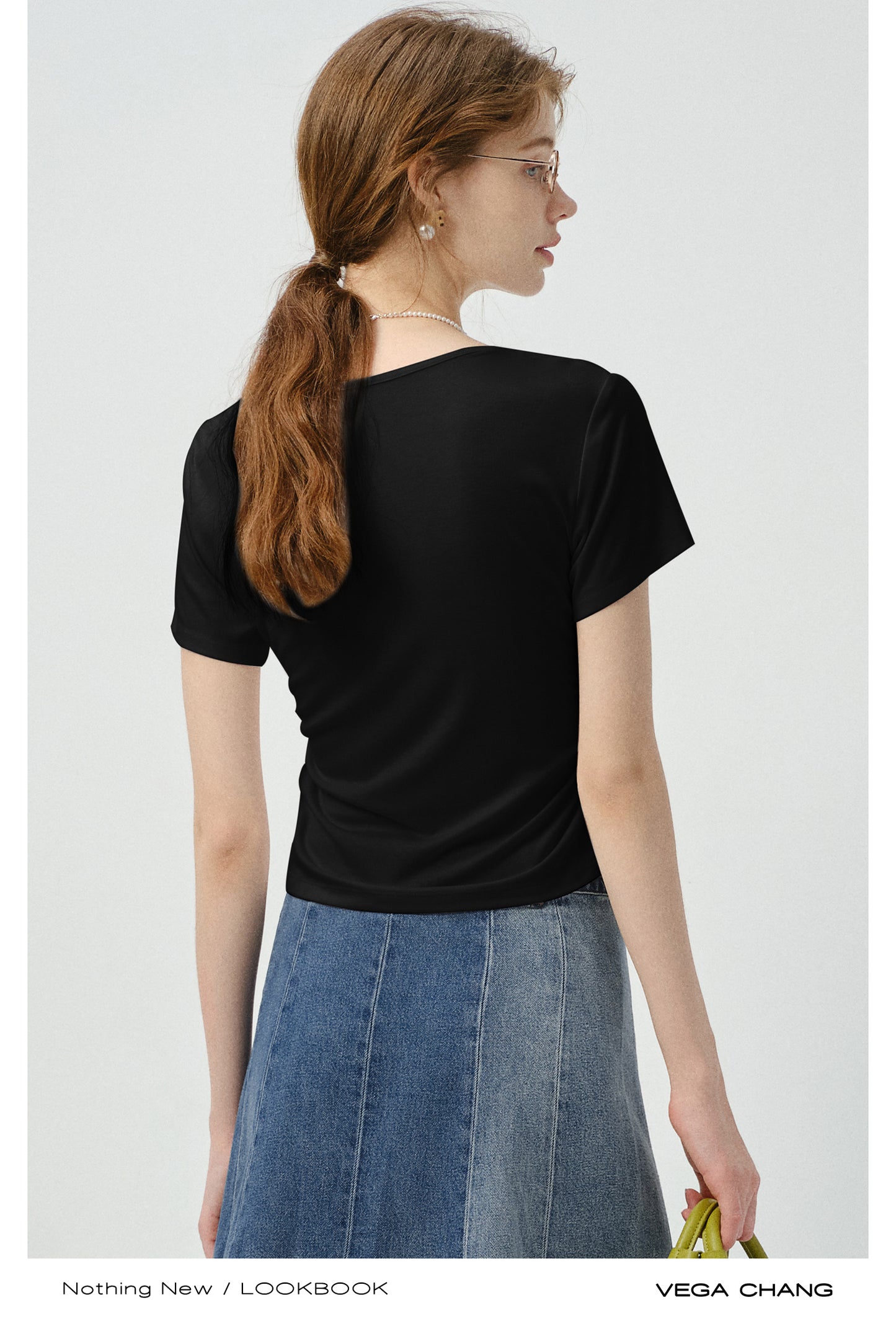 Basic Ribbed V-Neck T-Shirt With Side Gathers