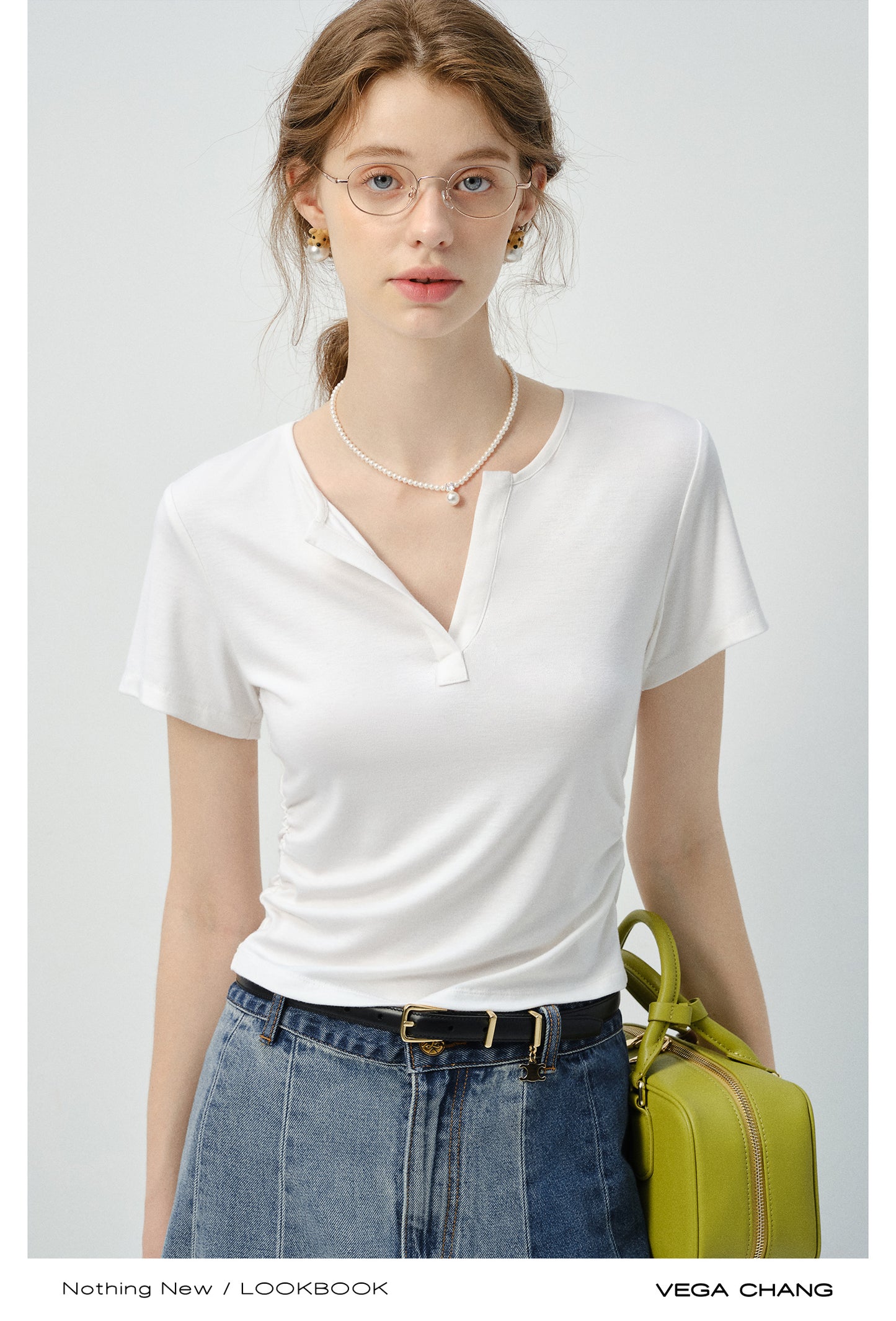 Basic Ribbed V-Neck T-Shirt With Side Gathers