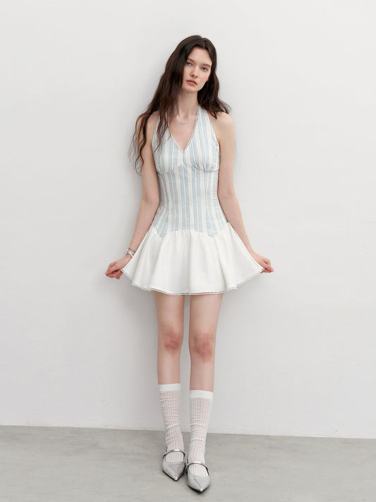 Striped Halter Neck Dress With Shirred Back
