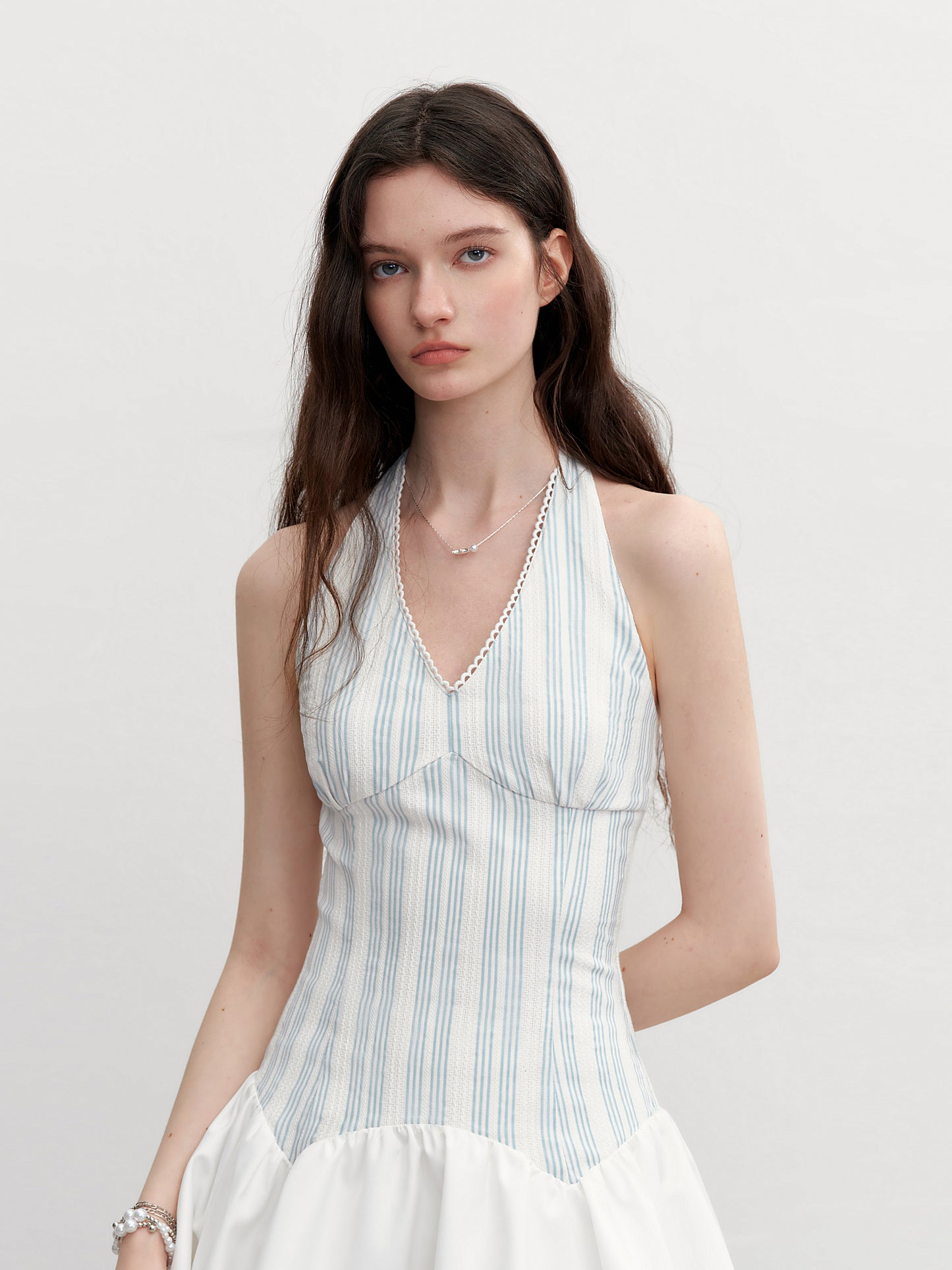 Striped Halter Neck Dress With Shirred Back