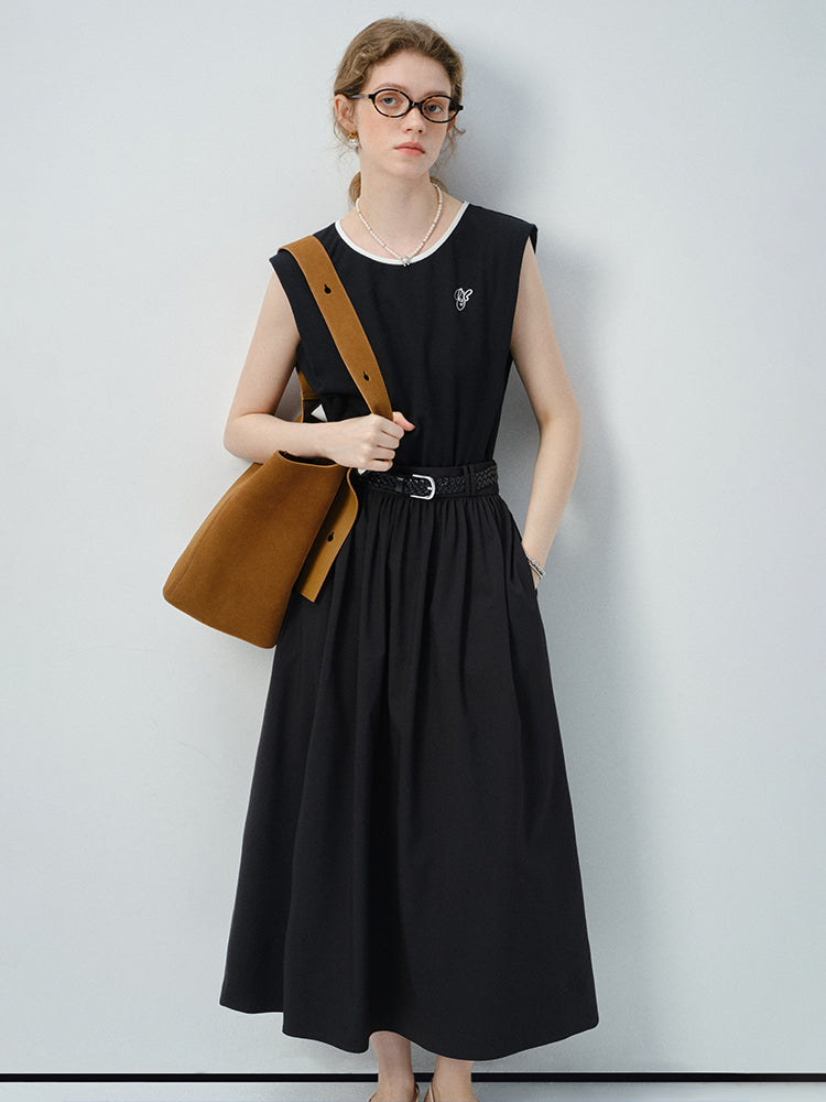 Embroidered Sleeveless Faux Two-Piece Dress