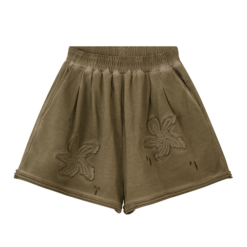 Frayed Hem Shorts With Floral Patches